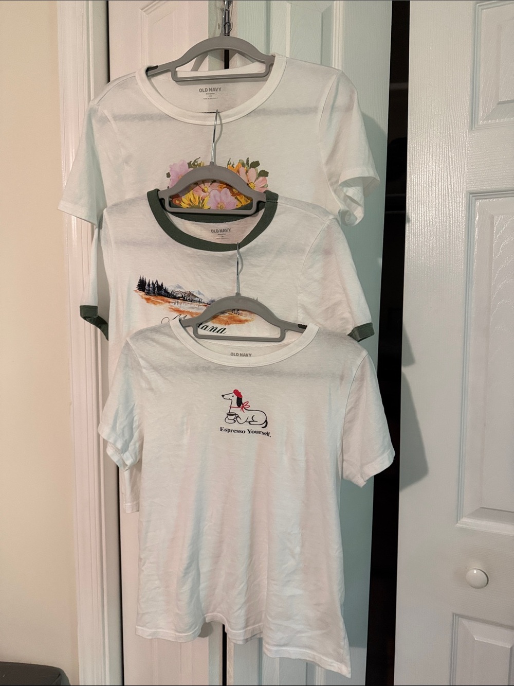 Old Navy White Graphic Short Sleeve Tees with Green Trim Accents